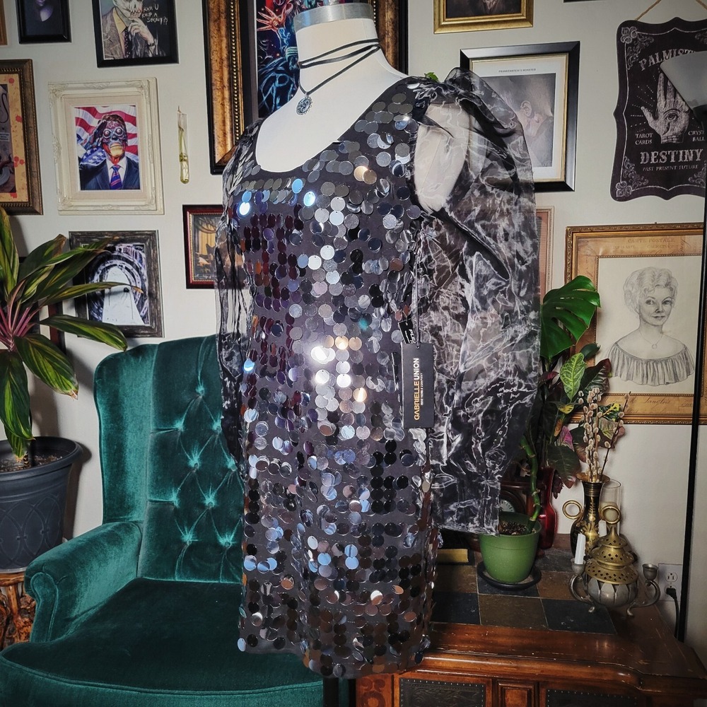 Gabrielle Union NY&C Silver Sequin Mini Dress Sheer Sleeve‎ Party Glam NWT - Picture 4 of 7